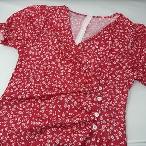 Red Floral Dress Womens Large V Neck Ruched Wrap Short Sleeve Summer Button Deta